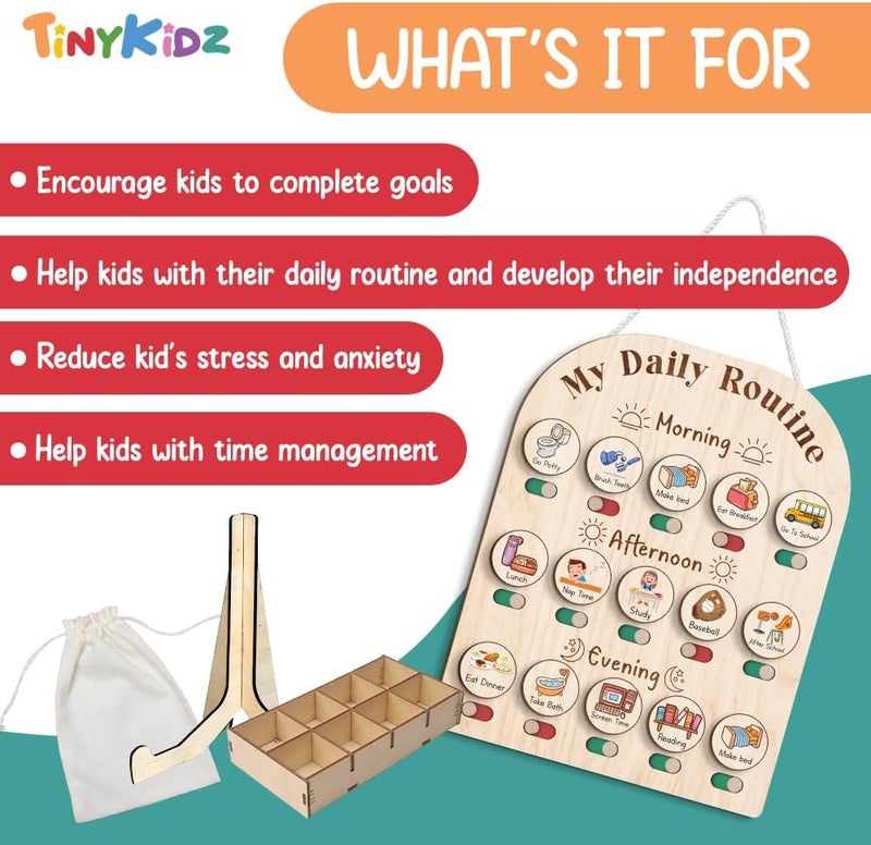 TinyKidz Store Daily Routine Chart for Kids, Visual Schedule, Routine Chart for Toddlers 3-5, Morning Bedtime Routine Chart for Toddlers, Wooden Chore Chart for Kids - Image 5